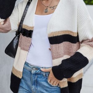 Wool/Knitting Color Block Loose Casual Cardigan, Cardigans, color:Black-pink|size:XL, Noracora