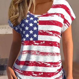 Loose Crew Neck Casual America Flag Shirt, Blouses, color:Red-Blue|size:XXL, Noracora