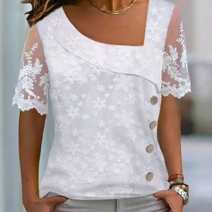 Floral Casual Asymmetrical Shirt, Blouses, color:White|size:XXL, Noracora