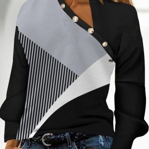 Loose Casual Long sleeve V neck T-Shirt, Blouses, color:Black-grey|size:XXL, Noracora