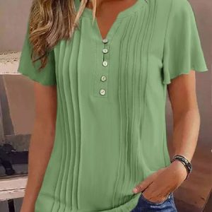 Buckle Loose Casual Plain Notched Shirt, Blouses, color:Green|size:XXL, Noracora