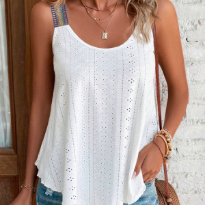 Casual Eyelet Plain Crew Neck Tank Top, Tanks & Camis, color:White|size:XXL, Noracora