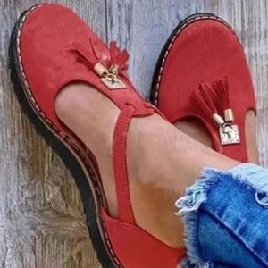 Women's Gold Buckle Fringe Mary Jane Shoe, Flats/Loafers, color:Red|size:43, Noracora