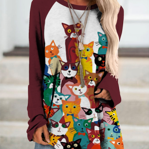Cat Casual Crew Neck T-Shirt TUNIC, T-shirts, color:Red|size:XXL, Noracora