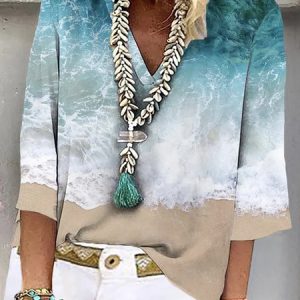 Loose Sea Printed Casual Short Sleeve Top, Blouses, color:Blue|size:XXL, Noracora