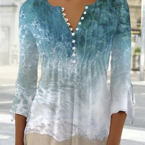 Buttoned Notched Sea Print Casual tunic Top, Blouses, color:Blue|size:XXL, Noracora