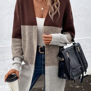 Colorblock Casual Loose Cardigan, Cardigans, color:Brown|size:L, Noracora