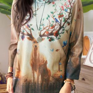 Vintage Cotton Turtleneck Printed T-shirt, T-shirts, color:Khaki|size:3XL, Noracora