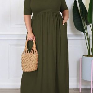Regular Fit Plain Casual Dress, DRESSES, color:Army Green|size:4X, Noracora