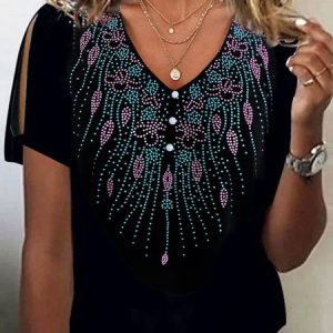 Jersey V Neck Casual Hot Drilling Shirt, Blouses, color:Black|size:XXL, Noracora