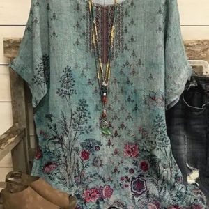 Crew Neck Loose Floral Printed Casual Blouses, Blouses, color:Green|size:XXL, Noracora