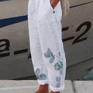 Casual Flower Print Cotton Linen Straight Pant, Pants, color:White|size:XXL, Noracora