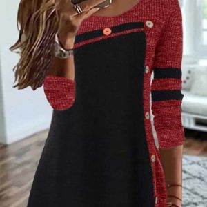 Color Block Loose Casual Tunic Top, Blouses, color:Red|size:XXL, Noracora