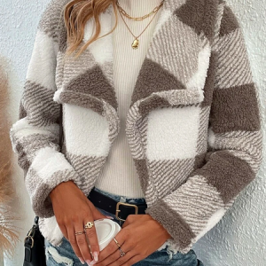 Fluff/Granular Fleece Fabric Plaid Casual Teddy Jacket, Coats, color:Brown|size:XXL, Noracora