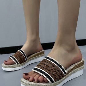 Brown Contrasting Woven Fabric Holiday Beach Straw Wedge Sandals, Sandals, color:Brown|size:43, Noracora