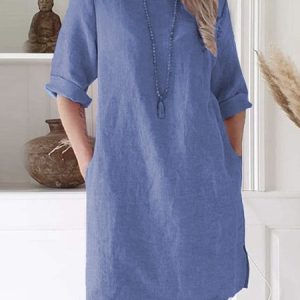 Crew Neck Casual Loose Plain Shirt, Blouses, color:Blue|size:XXL, Noracora