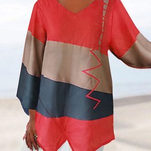 Abstract Casual V Neck Three Quarter Sleeve Loose Shirt, Blouses, color:Red|size:XXL, Noracora