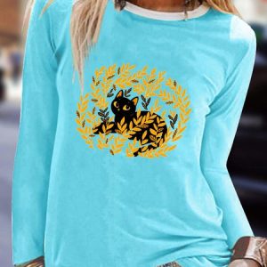 Jersey Casual Cat Loose T-Shirt, T-shirts, color:Blue|size:3XL, Noracora
