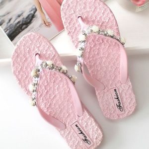 Summer Vacation Applique Floral Flip Flops, Slippers, color:Pink|size:40, Noracora