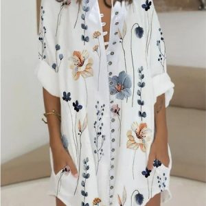 Casual Loose Regular Sleeve Dress, Short, color:white-blue|size:XXL, Noracora