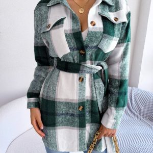 Regular Fit Shawl Collar Casual Plaid Jacket, Jackets, color:Green|size:XL, Noracora