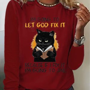 Casual Text Letters Cat Crew Neck Loose Long sleeve T-Shirt, T-shirts, color:Red|size:XXL, Noracora