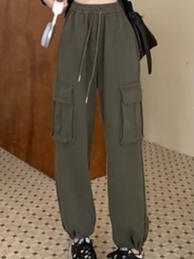 Drawstring Plain Pockets Casual Cargo Pants, Pants, color:Army Green|size:XXL, Noracora