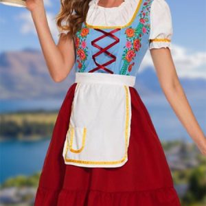 Oktoberfest Bavarian Traditional Beer Short Sleeve Floral Dress, Short, color:Red-Blue|size:XL, Noracora
