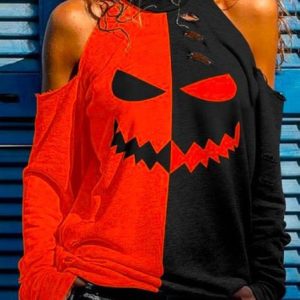 Casual Halloween Halter Sweatshirt, Hoodies & Sweatshirts, color:Black-red|size:XXL, Noracora
