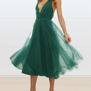 V Neck Vacation Plain Loose Dress, Midi, color:Green|size:XXL, Noracora