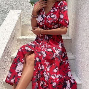 Regular Fit V Neck Floral Vacation Dress, Maxi, color:Red|size:XL, Noracora