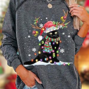 Christmas Cat Snowflake Long Sleeve Crew Neck Casual Tunic Sweatshirt, Hoodies & Sweatshirts, color:Black-grey|size:XXL, Noracora