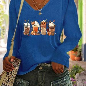 Halloween V Neck Casual Loose T-Shirt, T-shirts, color:Blue|size:3XL, Noracora