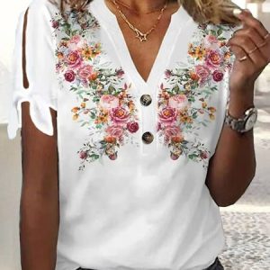 Casual Buckle Floral V Neck Loose Blouse, Blouses, color:White|size:XXL, Noracora