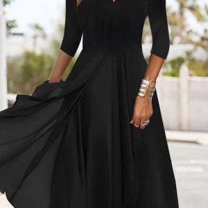 Elegant Black V-Neck Slim Fit Knit Dress, Maxi, color:Black|size:XXL, Noracora