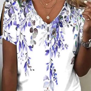 Floral Printed Loose Casual Blouse, Blouses, color:Blue|size:XXL, Noracora