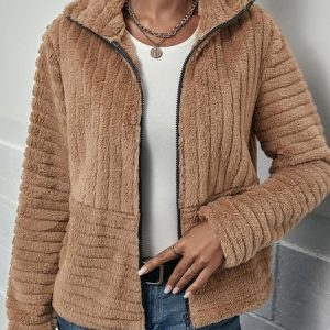 Zipper Casual Turtleneck Teddy Jacket, Coats, color:Khaki|size:XXL, Noracora