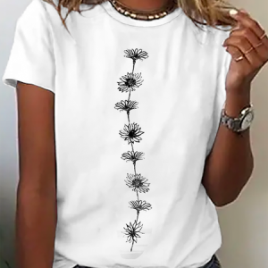 Casual Short Sleeve Crew Neck Floral T-Shirt, T-shirts, color:White|size:XXL, Noracora