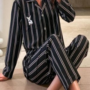 Striped Long Sleeve Buckle Lapel Collar Top With Pants Casual Lounge Set, Pajamas, color:Black|size:4XL, Noracora