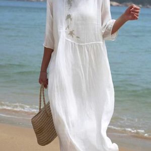 Floral Casual Cotton And Linen Dress, Midi, color:White|size:XXL, Noracora