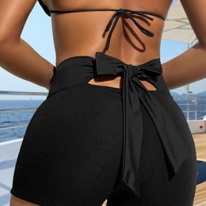 Vacation Plain Hollow Out Bikini Bottom, Swim Shorts, color:Black|size:XXL, Noracora