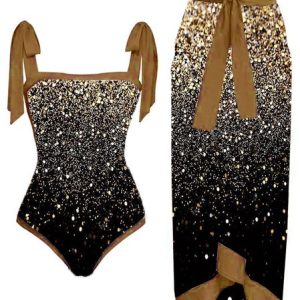 Elegant Abstract Printing Scoop Neck One Piece With Cover Up, Swimsuit with Cover Ups, color:Black|size:S, Noracora