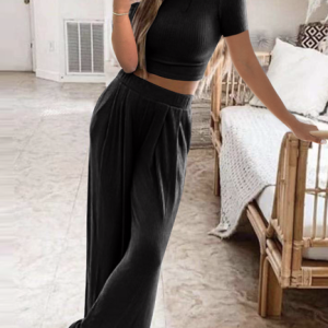 Plain Casual Crew Neck Loose Two-Piece Set, Sets, color:Black|size:3XL, Noracora