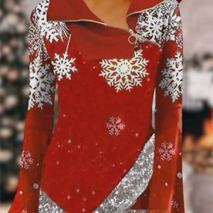 Long Sleeve Christmas Snowflake Pattern Zipper Shawl Collar Casual Tunic Top, Tops, color:Red|size:XXL, Noracora