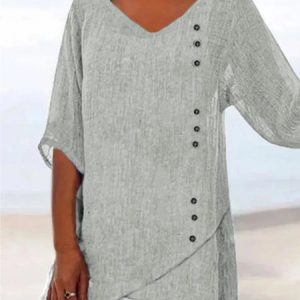 Casual Three Quarter Sleeve V Neck Tunic Top, Blouses, color:Light Gray|size:XXL, Noracora