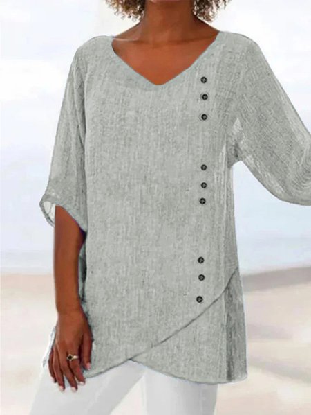 Women's Cotton Short Sleeve Shirt Summer Plain V Neck Daily Going Out Casual Tunic Top Blue, JustFashionNow Blouses, color:Light Gray|size:XXL,