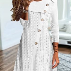Casual Plain Texture Crew Neck Stitched Buttons Jersey Dress, Short, color:White|size:XXL, Noracora