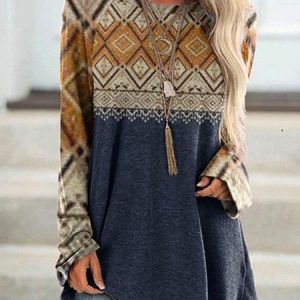 Jersey Ethnic Geometry Casual Top, Blouses, color:Multicolor|size:XXL, Noracora