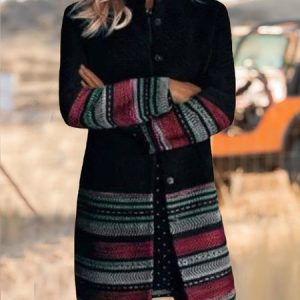 Woolen Ethnic Crew Neck Buttoned Coat, Coats, color:Black|size:XXL, Noracora