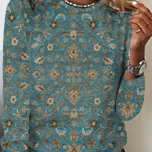 Abstract Crew Neck Casual Loose Long Sleeve T-Shirt, T-shirts, color:Blue|size:XXL, Noracora